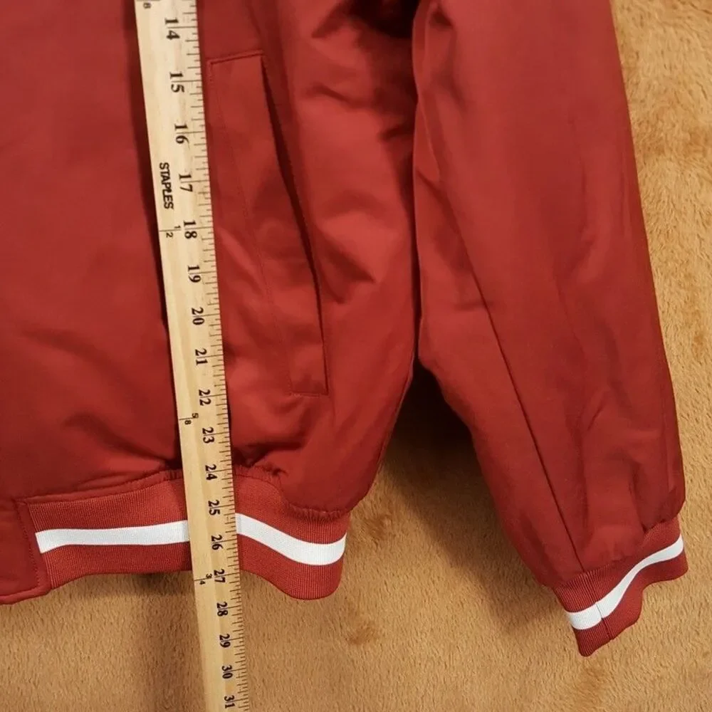 LES DEUX Varsity Jacket Mens Large Red Orange Stripe Tech Quilted Lining $319